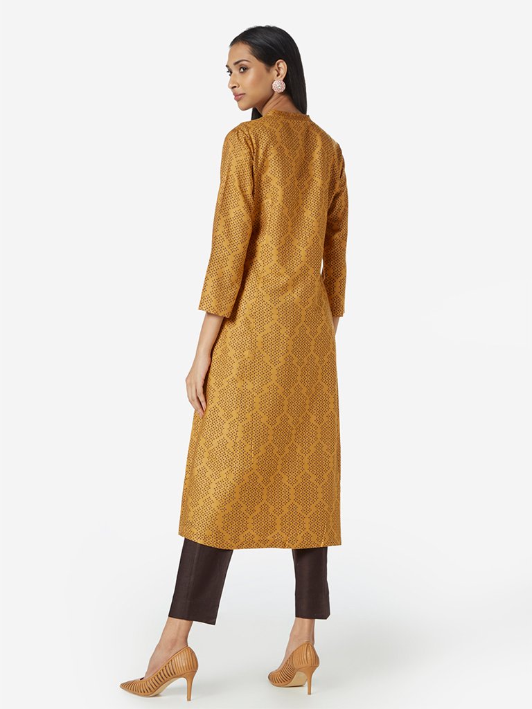 Zuba Mustard Floral Print A-line Kurta