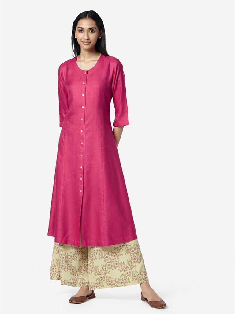 Zuba Pink Self-Textured A-line Kurta