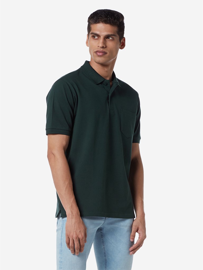 WES Casuals Dark Green Relaxed Fit Polo T-Shirt