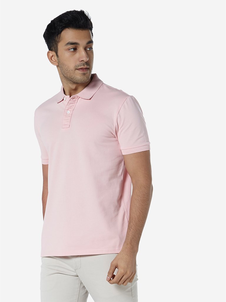 WES Casuals Light Pink Slim Fit Polo T-Shirt