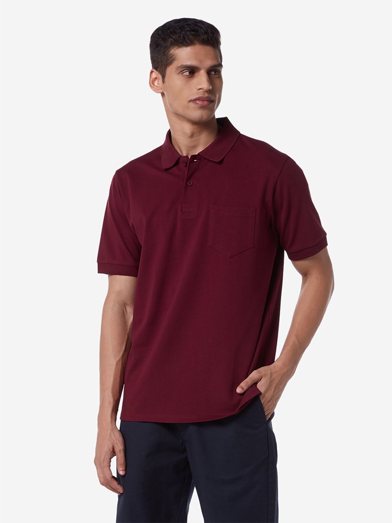 WES Casuals Burgundy Relaxed Fit Polo T-Shirt