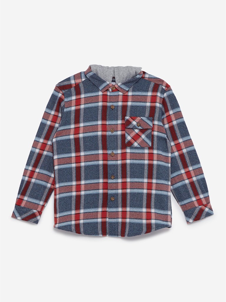 HOP Kids Navy Check Hooded Shirt