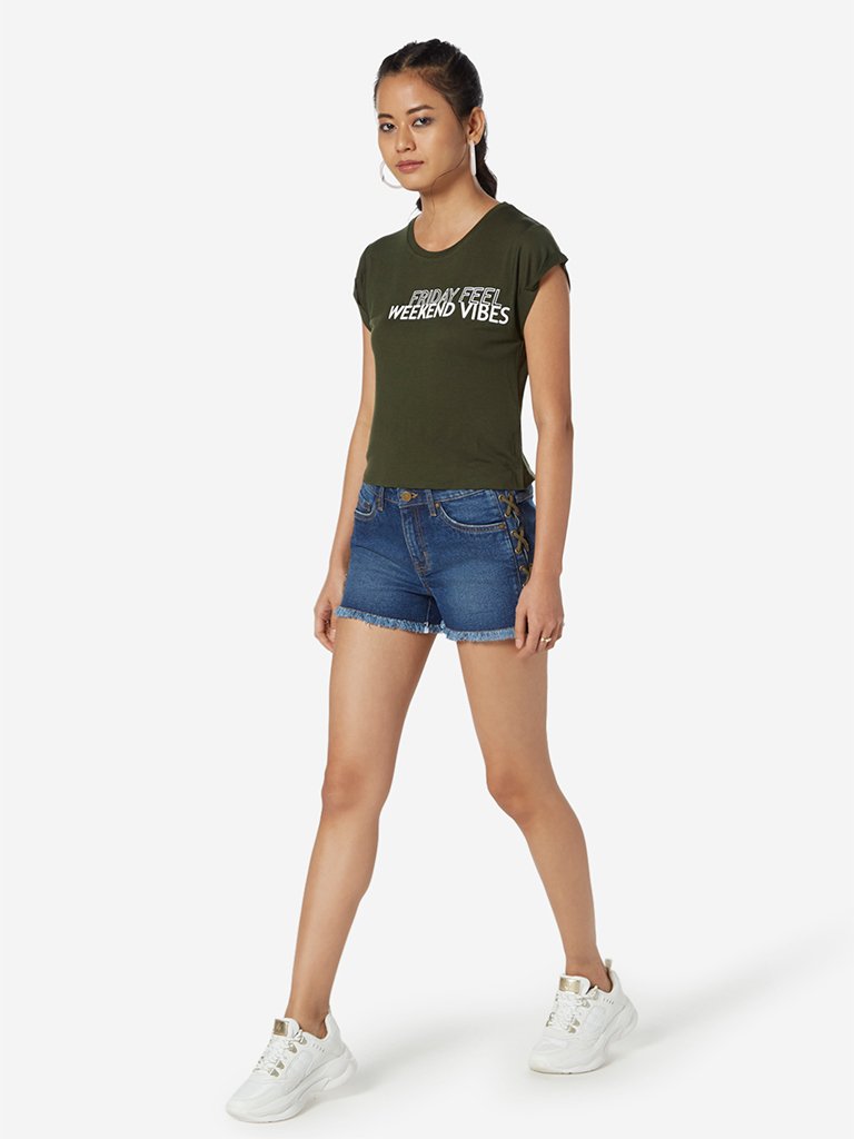 Nuon Blue Denim Criss-Cross Design Shorts