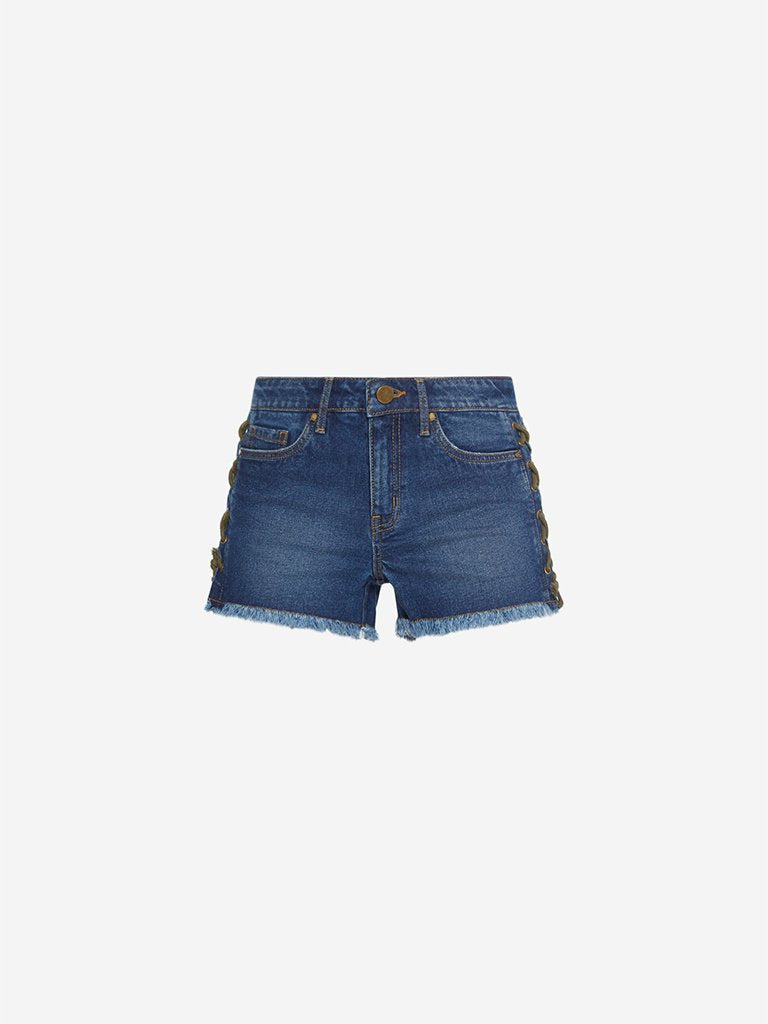 Nuon Blue Denim Criss-Cross Design Shorts