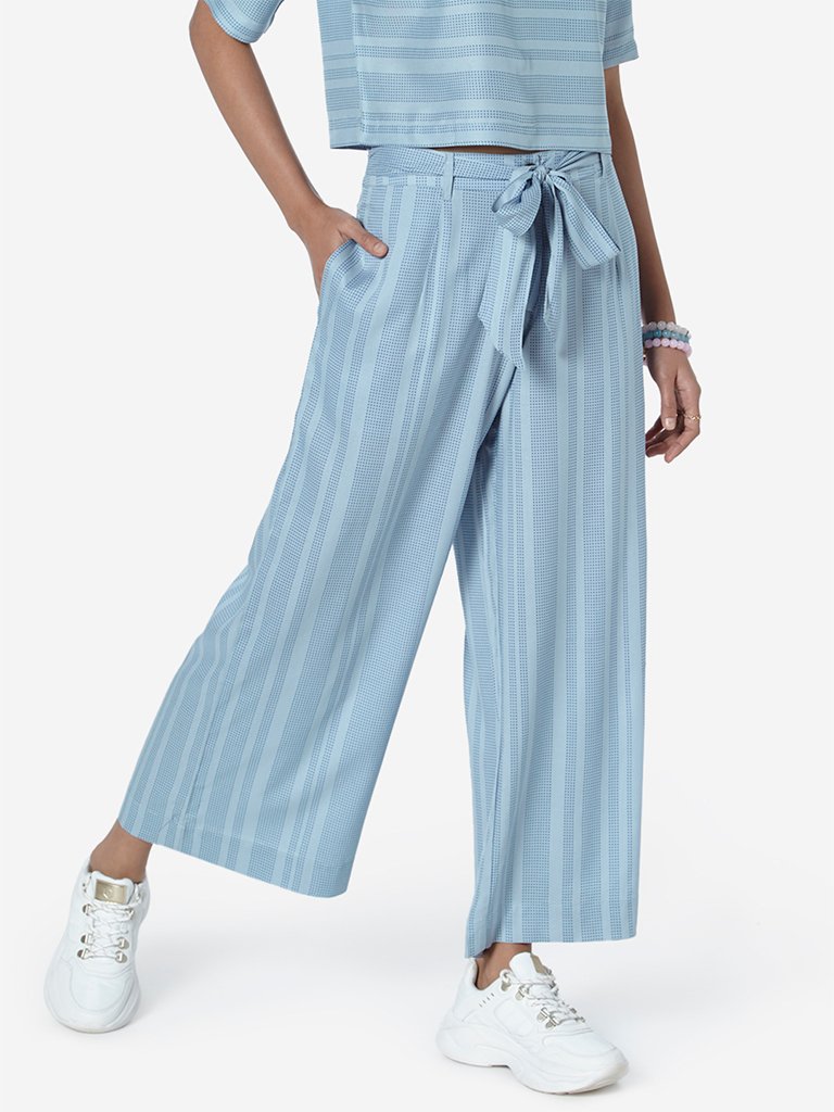 Bombay Paisley Sky Blue Striped Belted Palazzos