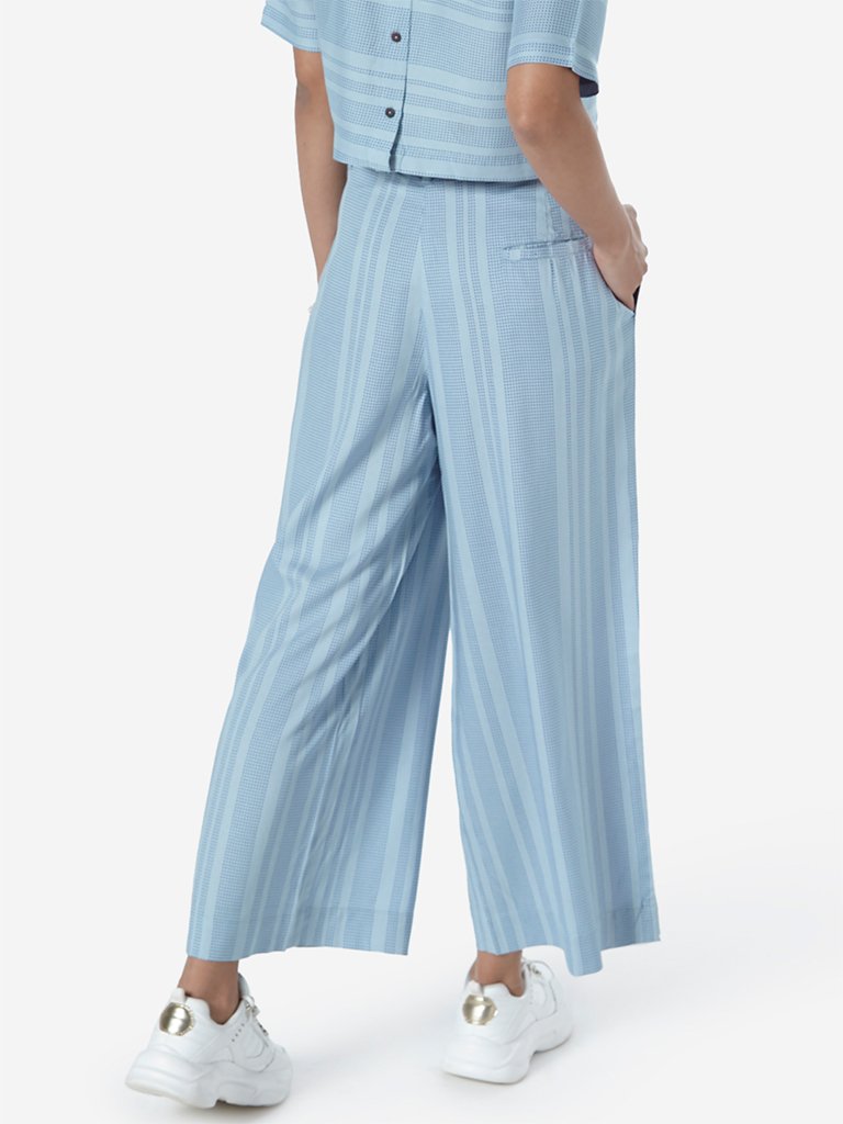 Bombay Paisley Sky Blue Striped Belted Palazzos