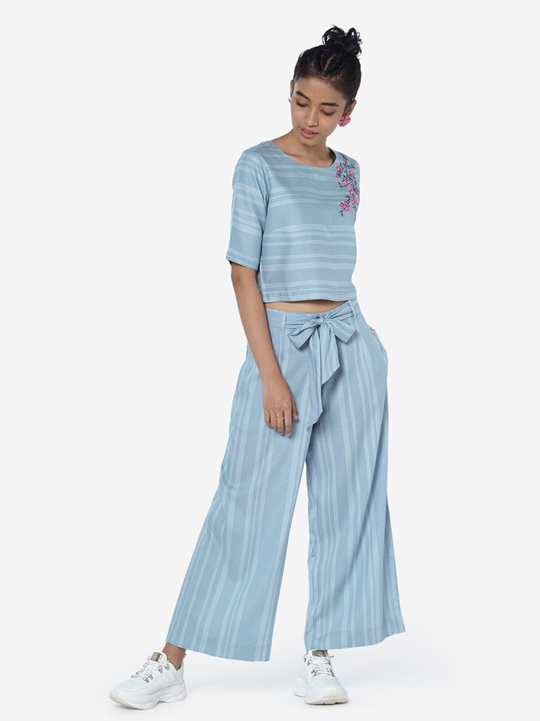 Bombay Paisley Sky Blue Striped Belted Palazzos