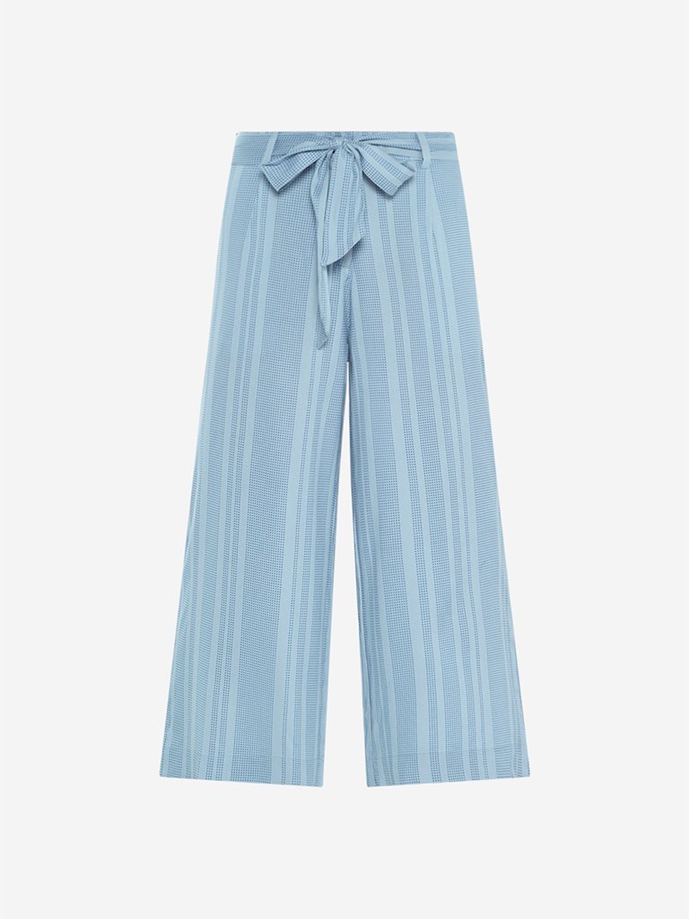 Bombay Paisley Sky Blue Striped Belted Palazzos