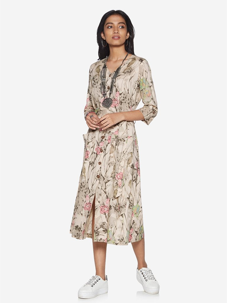 Bombay Paisley Off-White Floral Dress With Belt