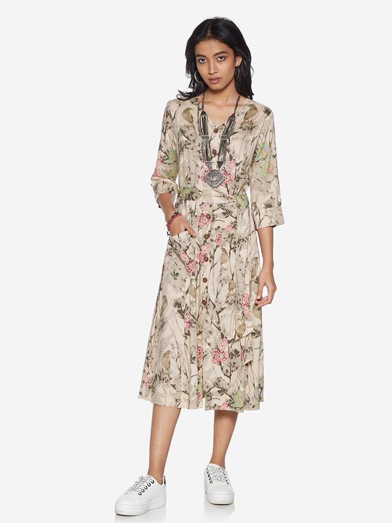 Bombay Paisley Off-White Floral Dress With Belt