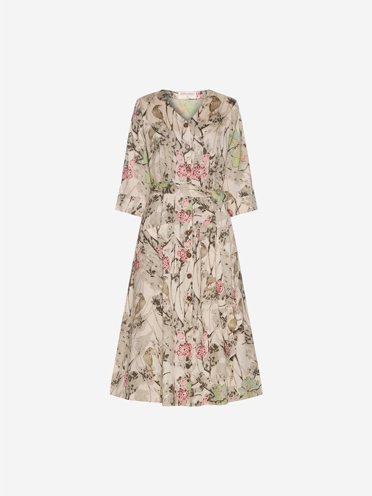 Bombay Paisley Off-White Floral Dress With Belt