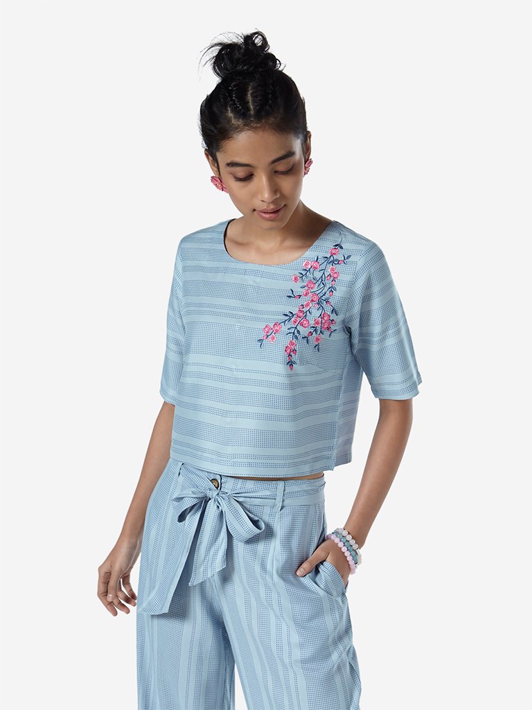 Bombay Paisley Sky Blue Striped Crop-Top