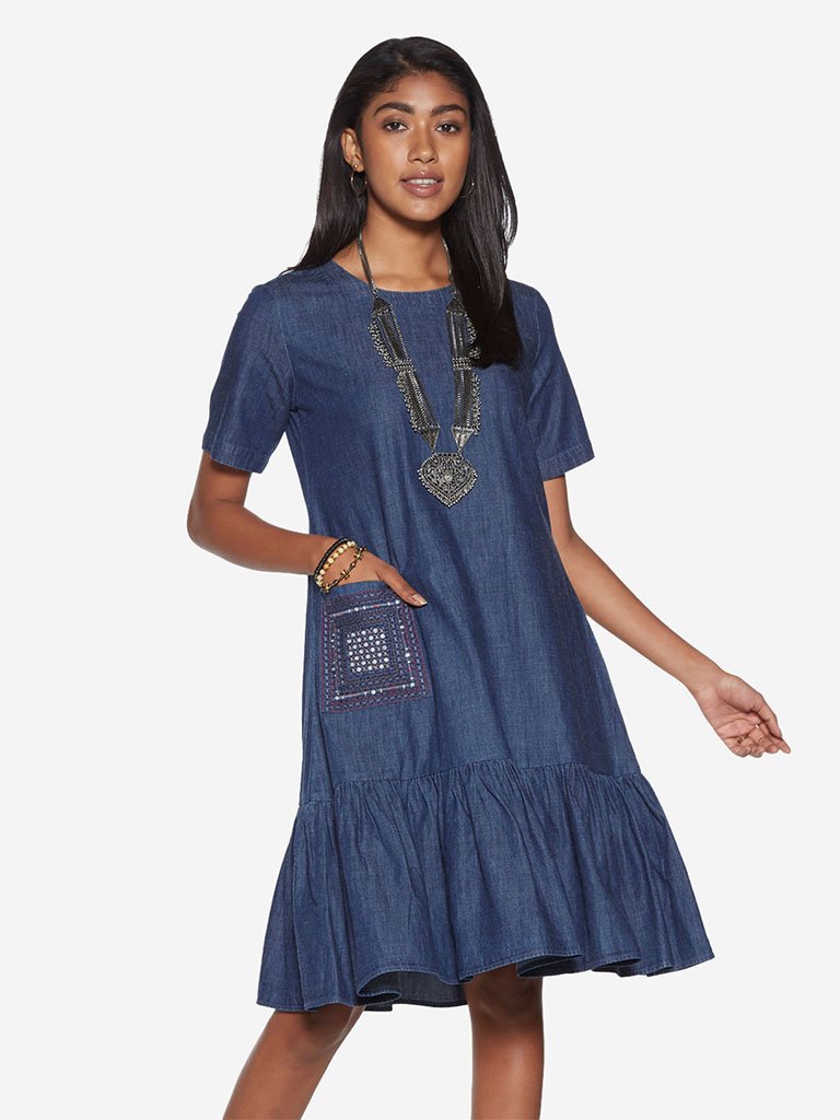 Bombay Paisley Blue Embroidered A-Line Dress