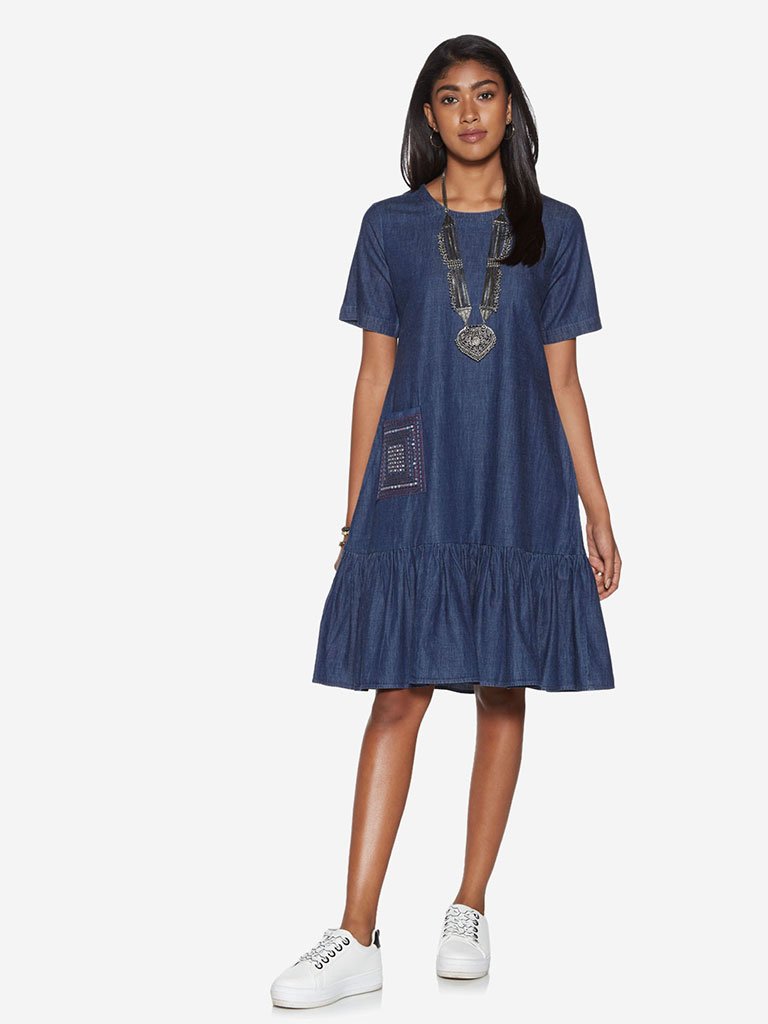 Bombay Paisley Blue Embroidered A-Line Dress