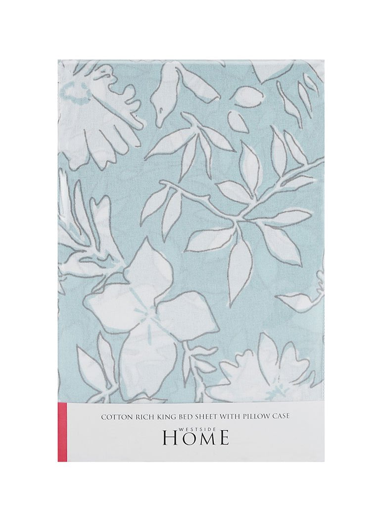 Westside Home Blue Floral King Bedsheet With Two Pillowcases Set