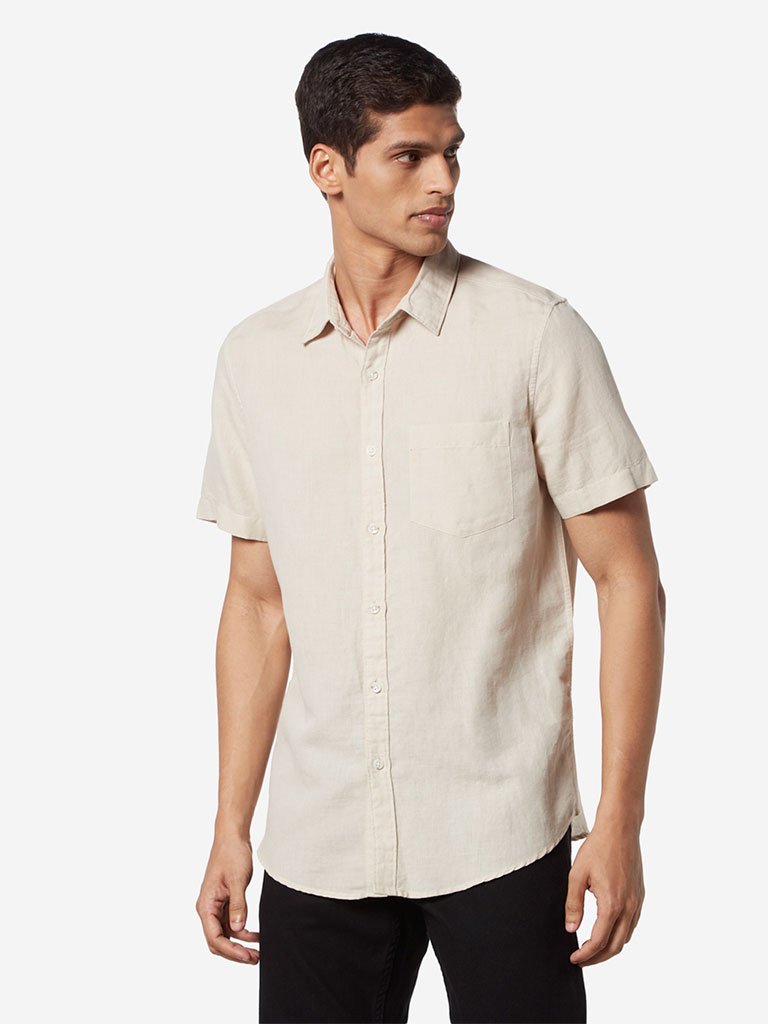 WES Casuals Beige Cotton Linen Slim Fit Shirt