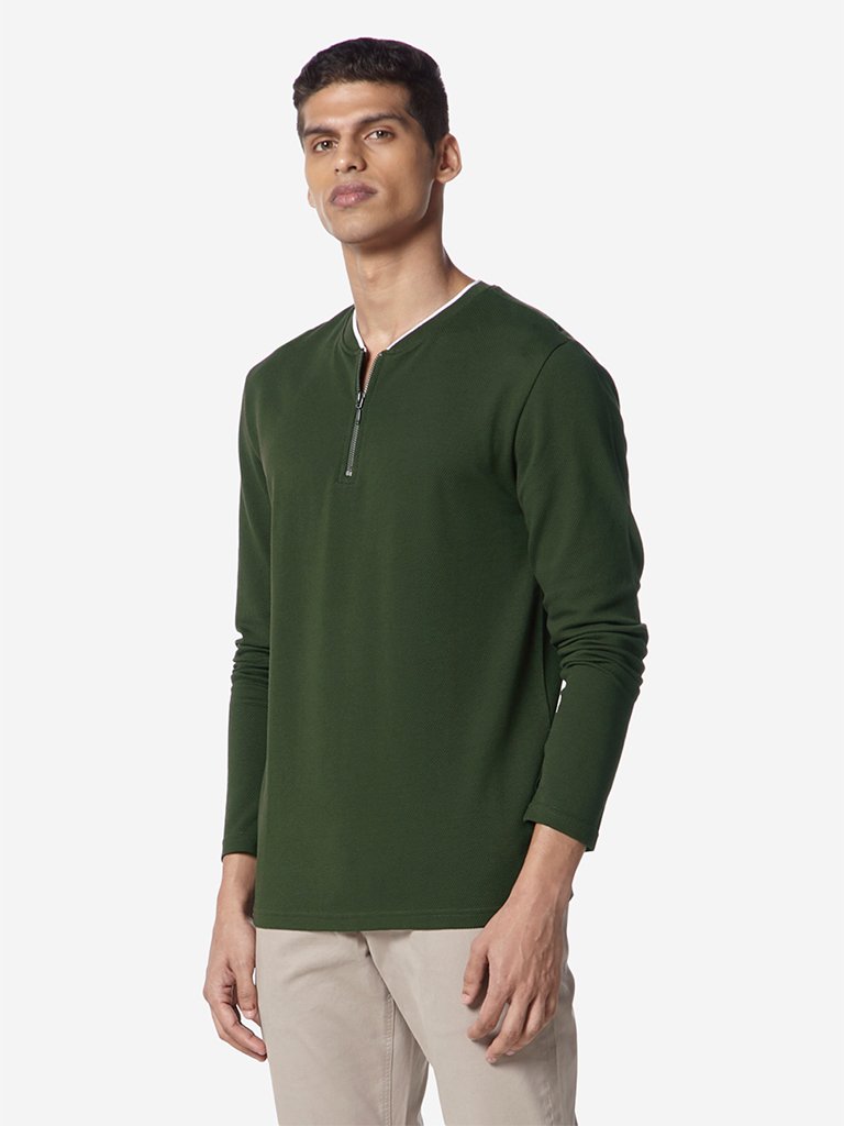 Ascot Khaki Self-Textured Slim Fit T-Shirt