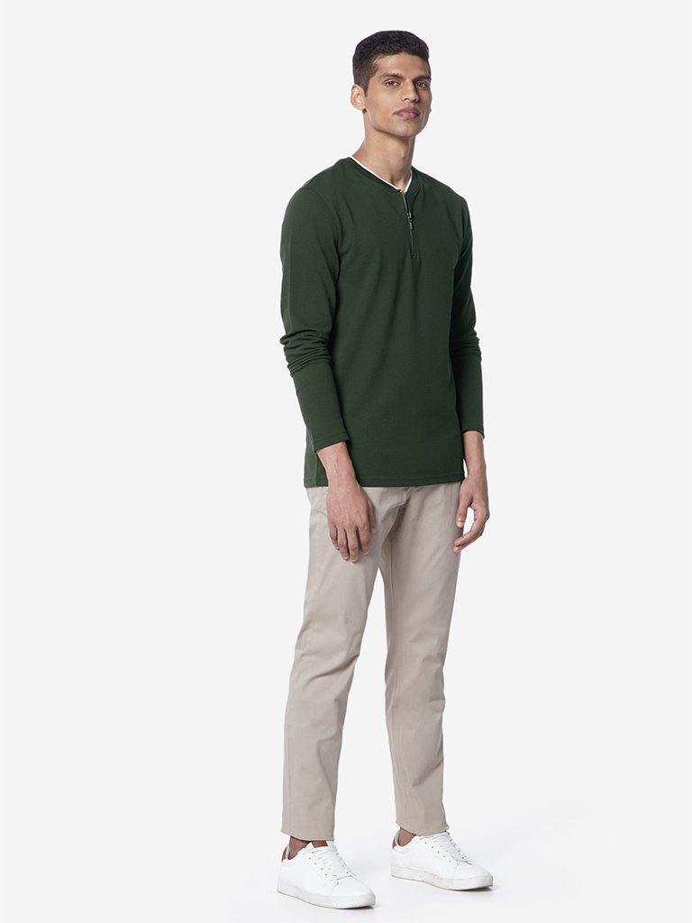 Ascot Khaki Self-Textured Slim Fit T-Shirt