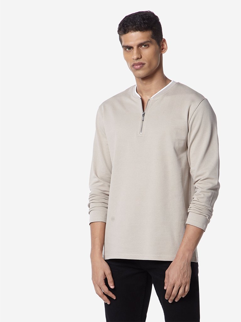 Ascot Ecru Self-Textured Slim Fit T-Shirt