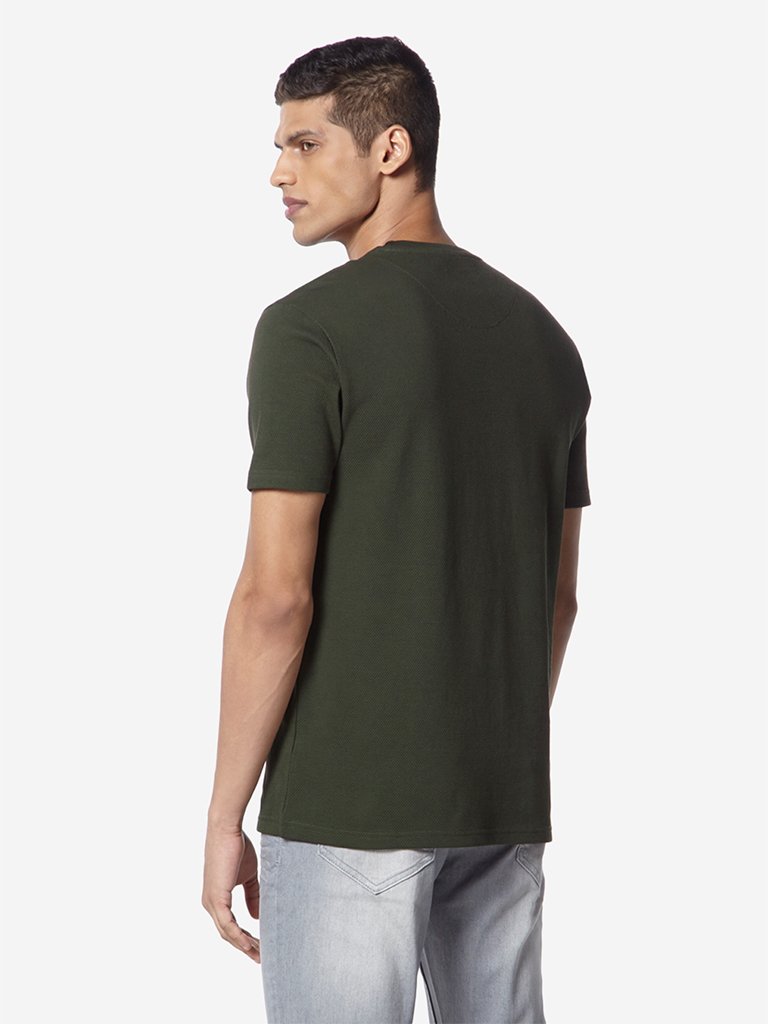 Ascot Olive Self-Textured Slim Fit T-Shirt