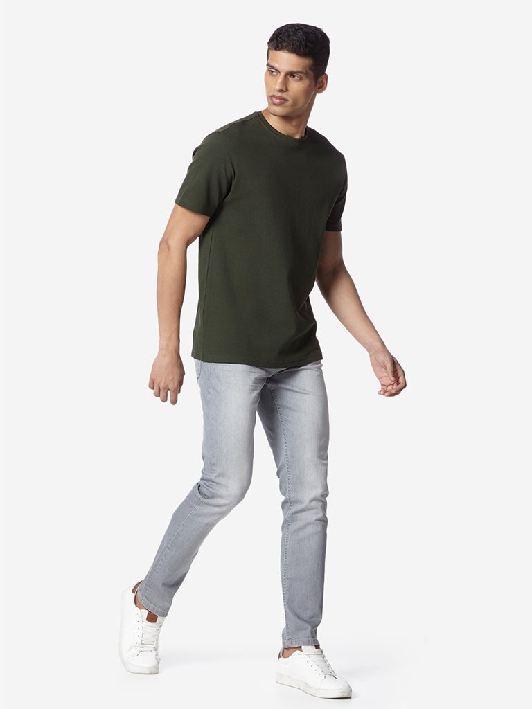 Ascot Olive Self-Textured Slim Fit T-Shirt