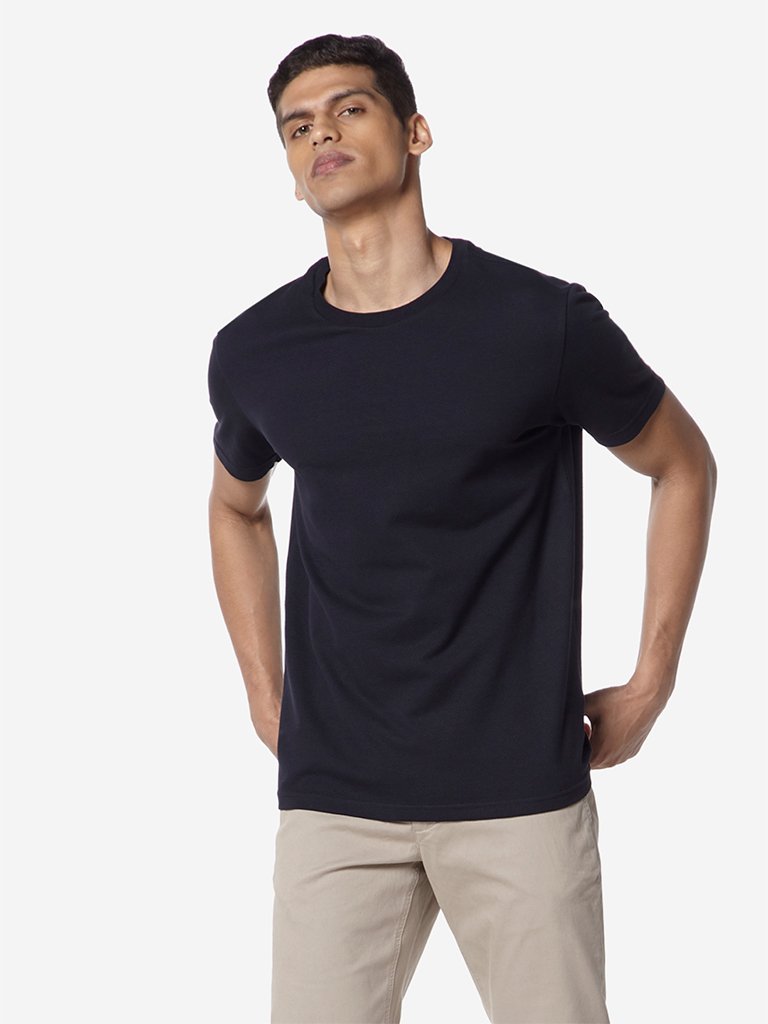 Ascot Navy Textured Slim Fit Crewneck T-Shirt