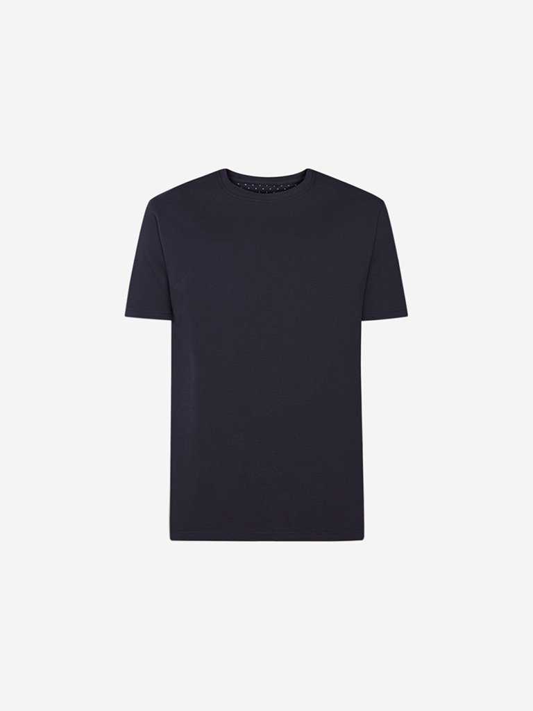 Ascot Navy Textured Slim Fit Crewneck T-Shirt