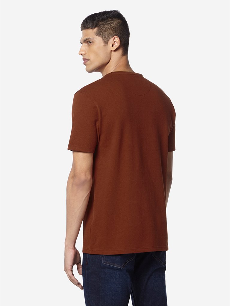 Ascot Rust Self-Textured Slim Fit T-Shirt