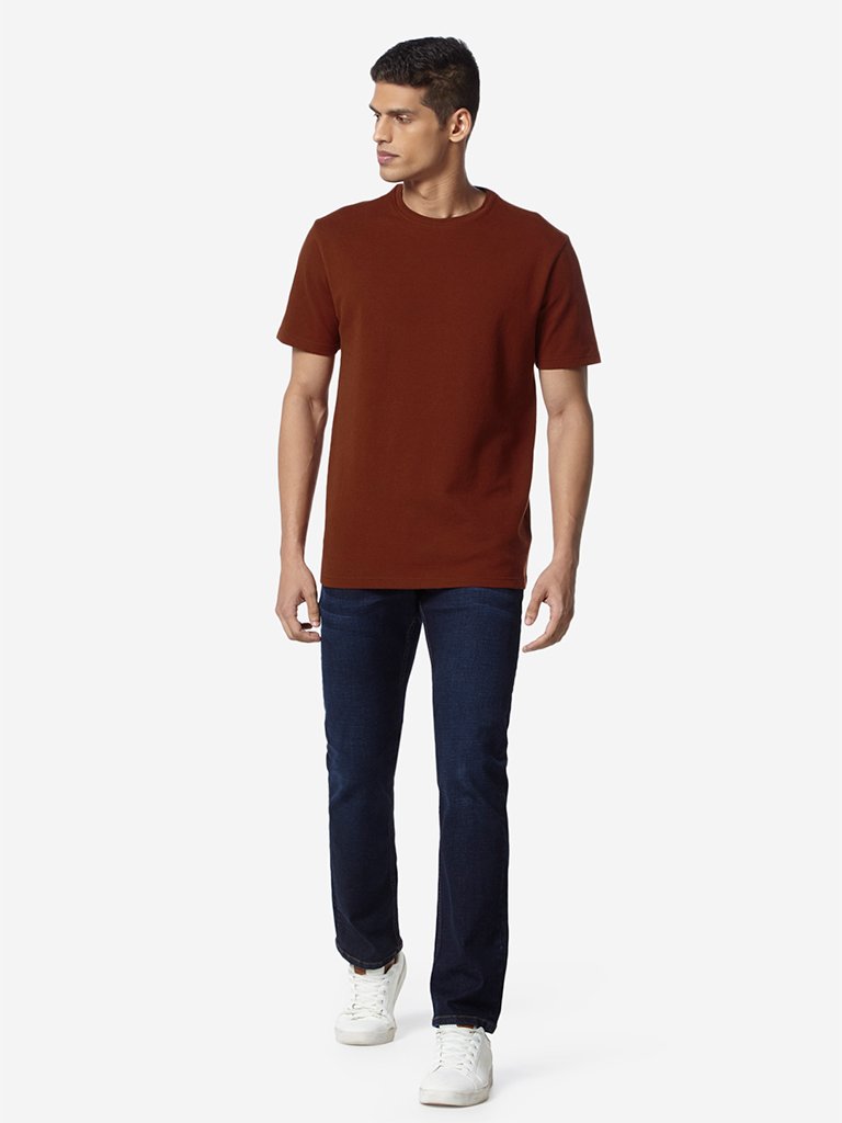 Ascot Rust Self-Textured Slim Fit T-Shirt