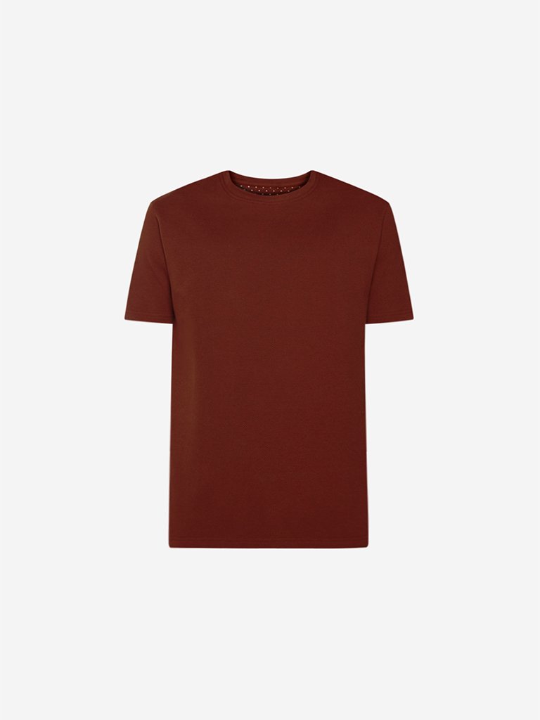 Ascot Rust Self-Textured Slim Fit T-Shirt