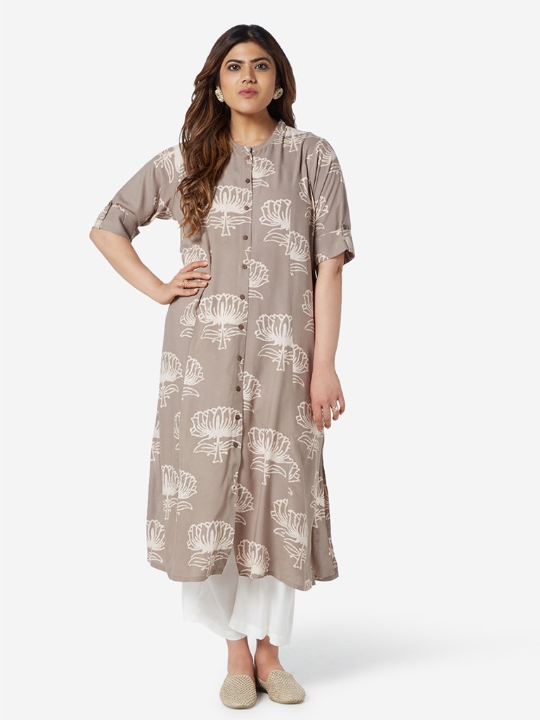 Diza Curve Grey Lotus Print A-Line Kurta