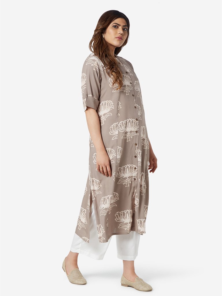Diza Curve Grey Lotus Print A-Line Kurta