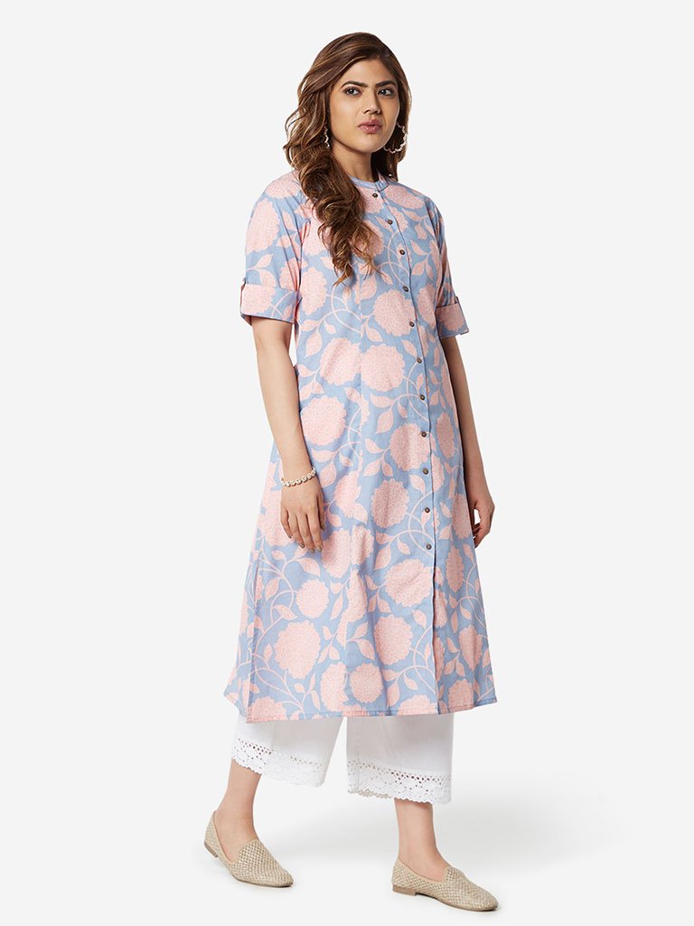 Diza Curve Blue A-Line Floral Print Kurta