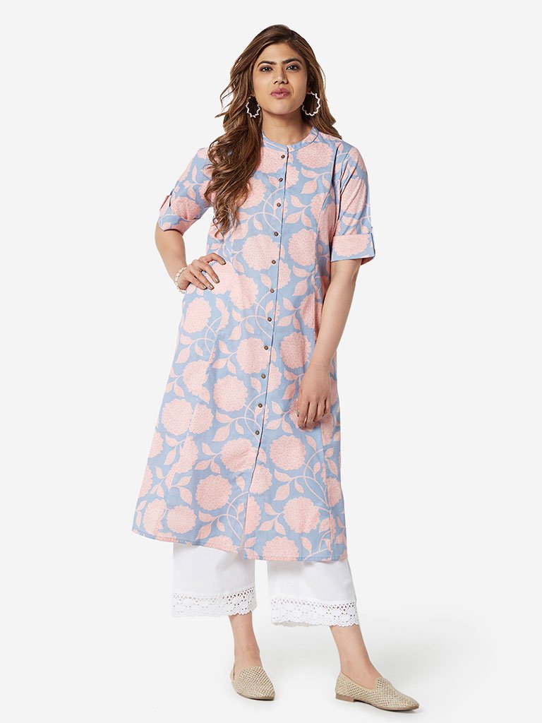 Diza Curve Blue A-Line Floral Print Kurta