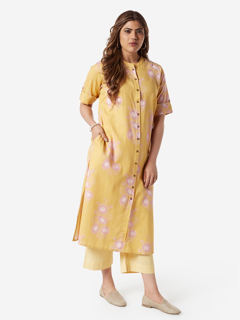 Diza Curve Yellow Floral Patterned A-Line Kurta