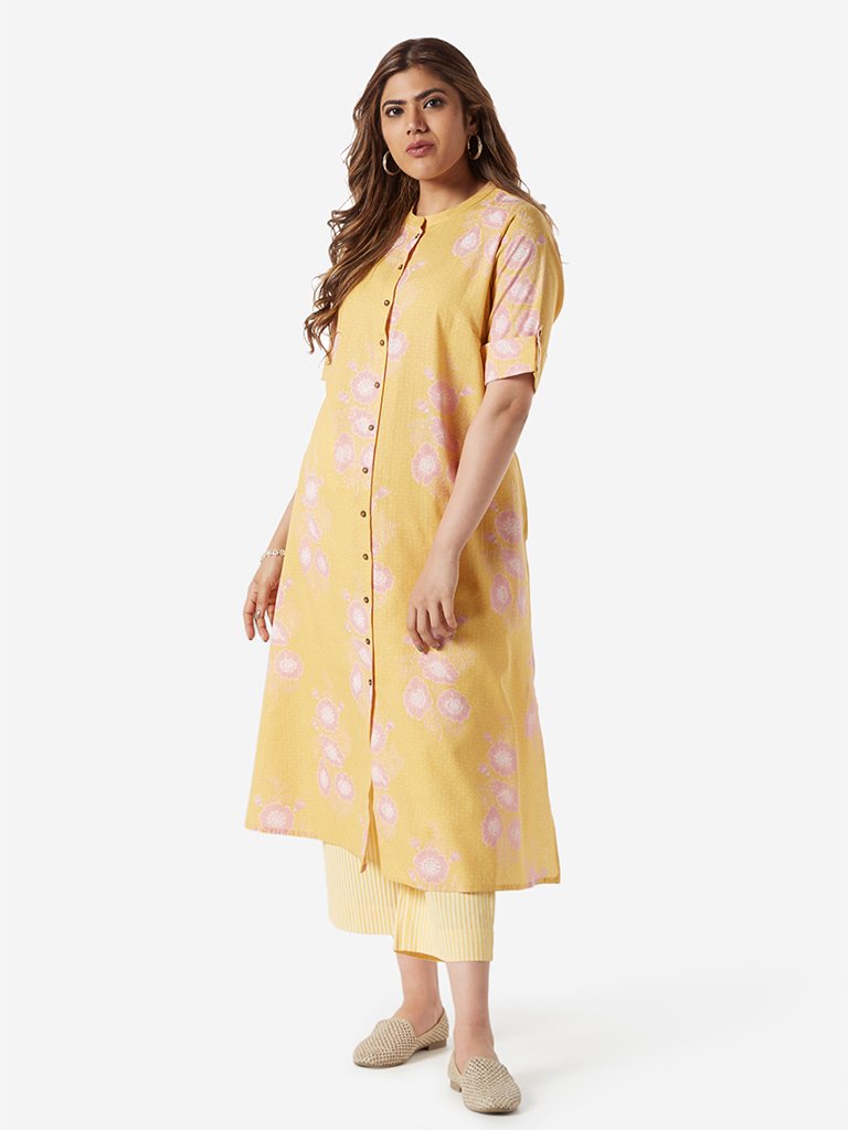 Diza Curve Yellow Floral Patterned A-Line Kurta