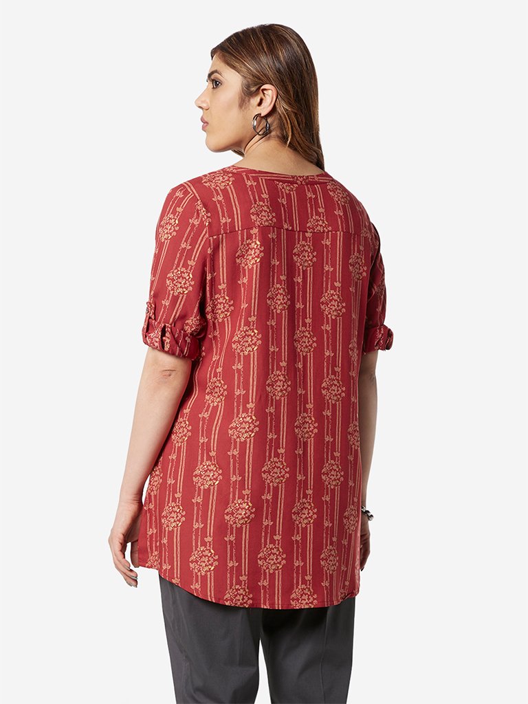 Diza Curve Maroon Floral Print Ethnic Top