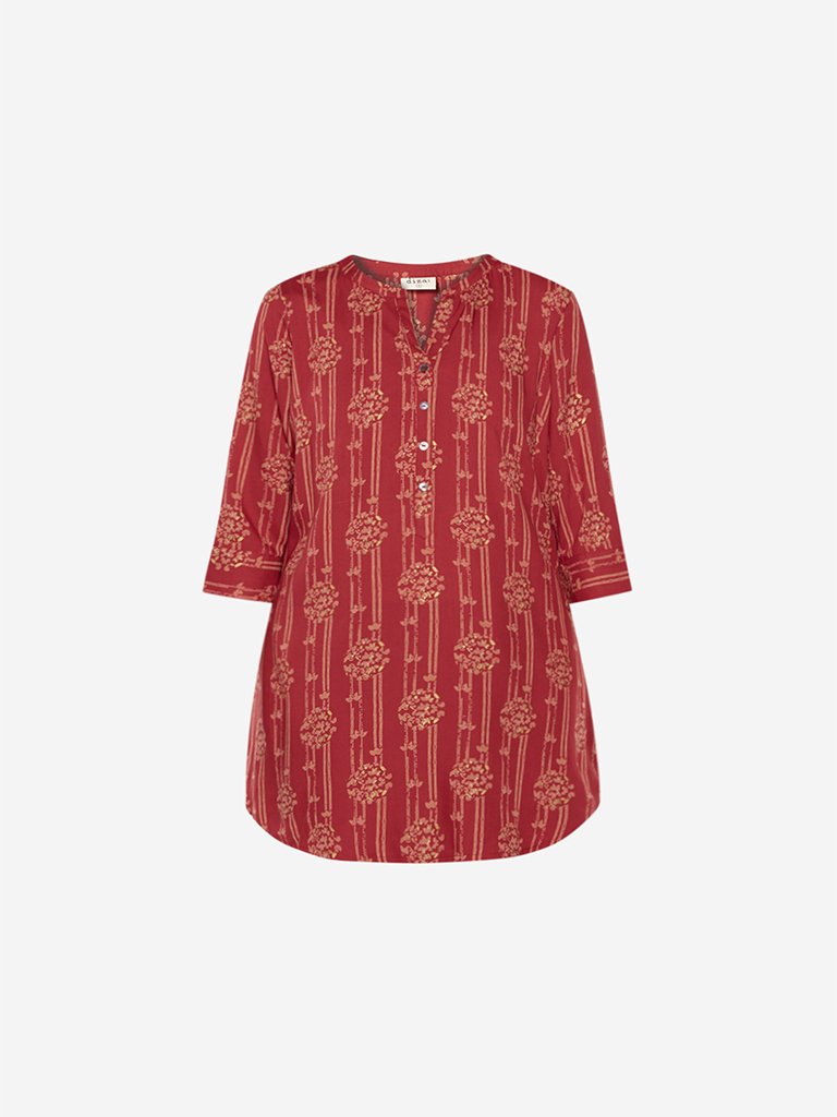 Diza Curve Maroon Floral Print Ethnic Top