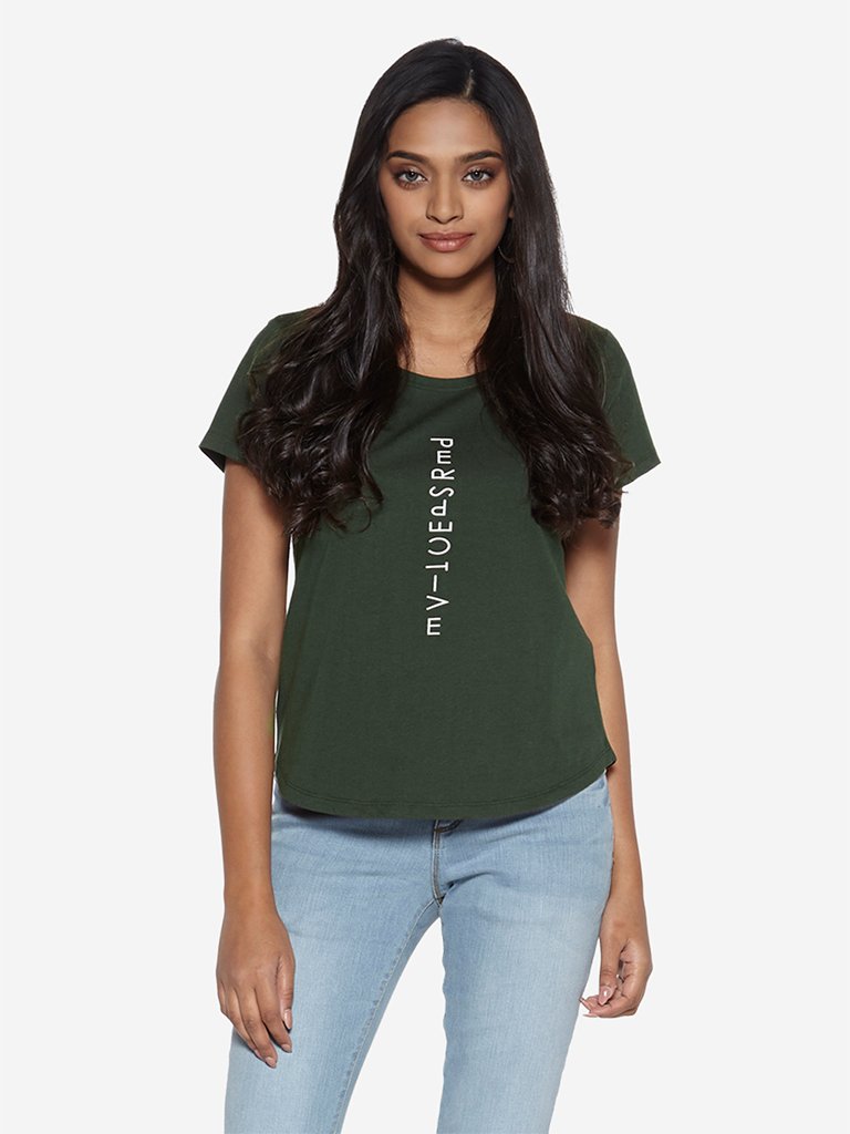 LOV Khaki Text Print High-Low Sherry T-Shirt