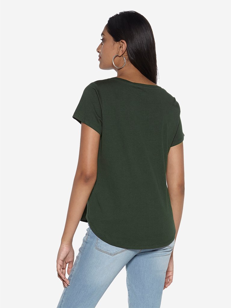 LOV Khaki Text Print High-Low Sherry T-Shirt