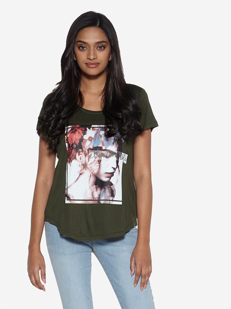 LOV Khaki Graphic Print High-Low T-Shirt