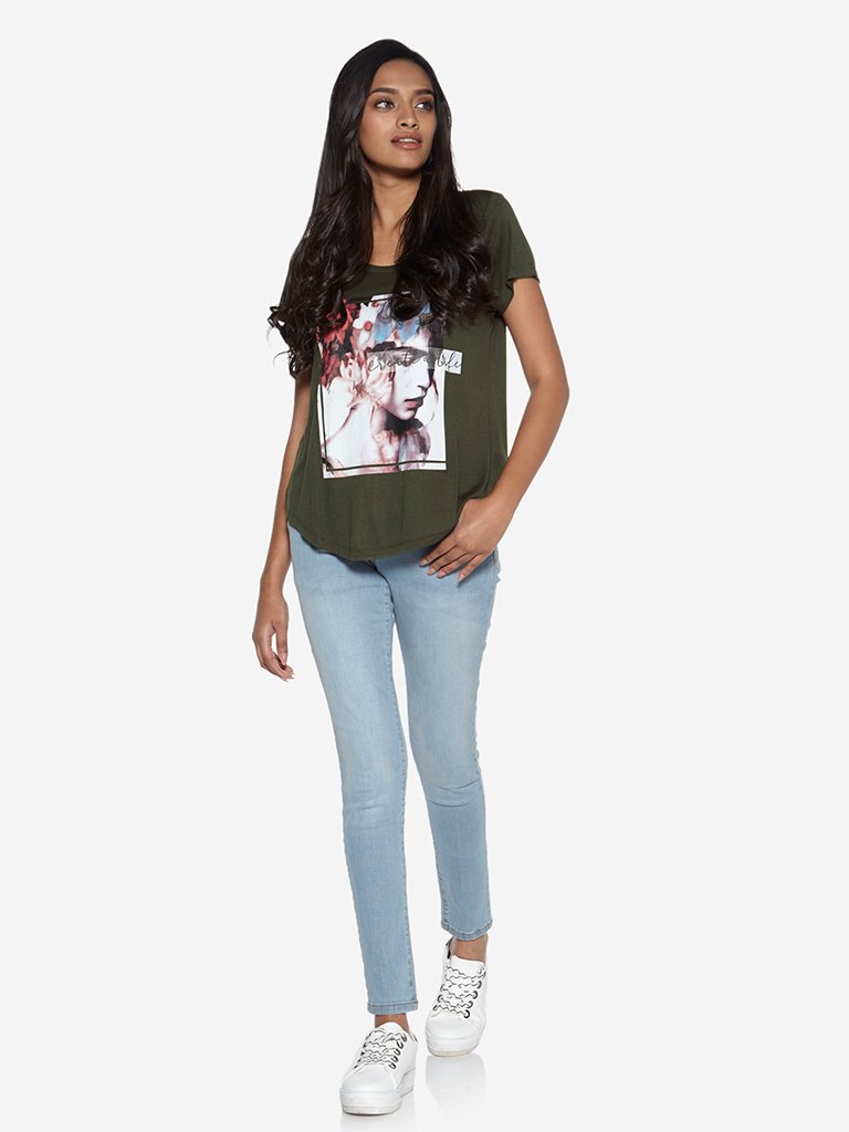 LOV Khaki Graphic Print High-Low T-Shirt