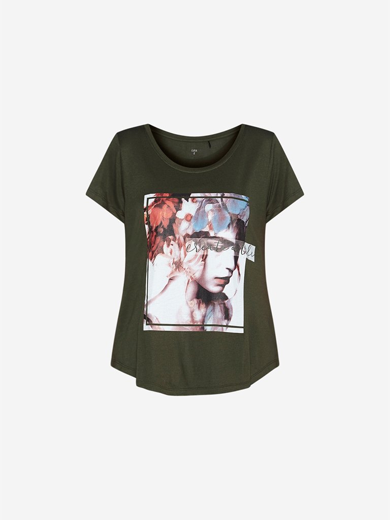 LOV Khaki Graphic Print High-Low T-Shirt