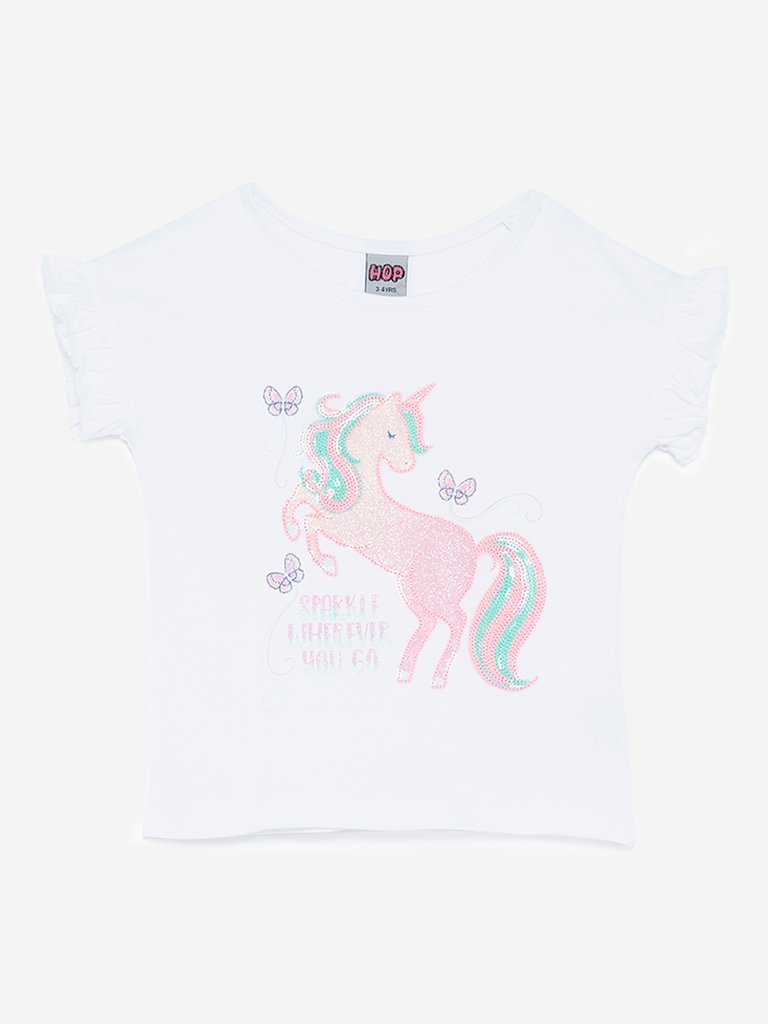 HOP Kids White Unicorn Patterned T-Shirt