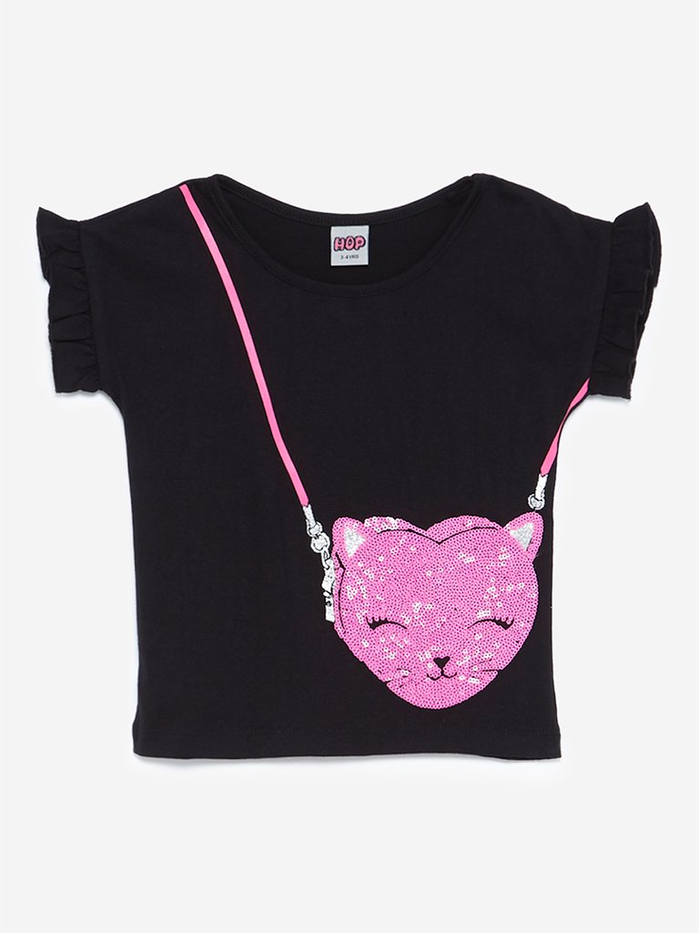 HOP Kids Black Bag Patterned Cotton T-Shirt