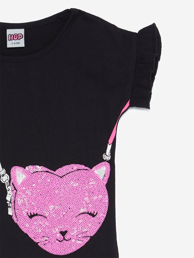 HOP Kids Black Bag Patterned Cotton T-Shirt