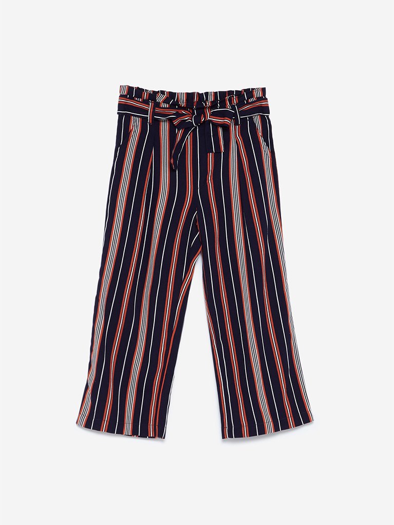 HOP Kids Navy Striped Palazzos With Belt