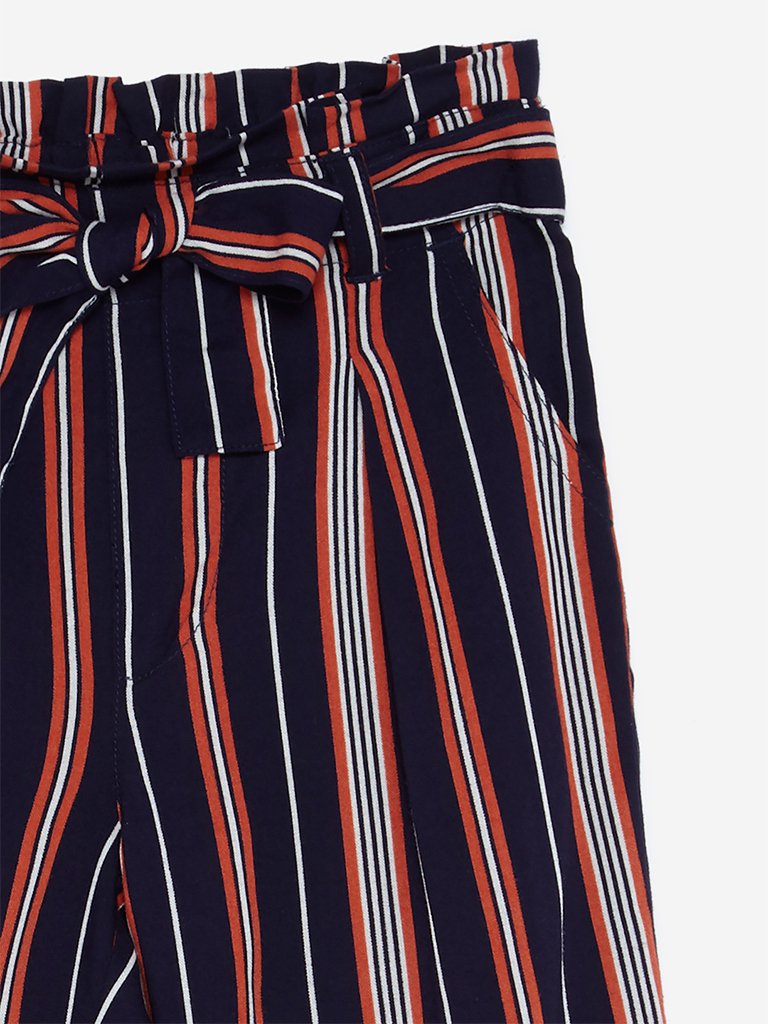 HOP Kids Navy Striped Palazzos With Belt
