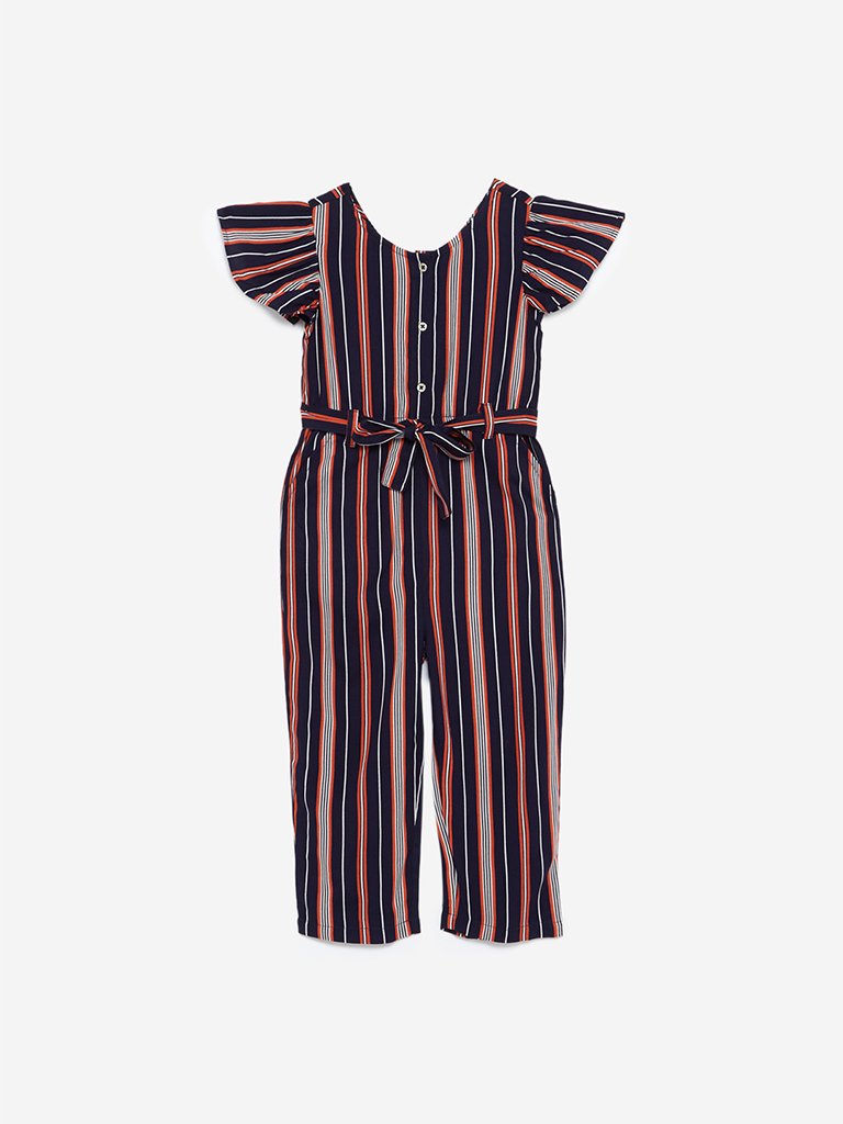 HOP Kids Navy Ray Striped Cold-Shoulder Jumpsuit