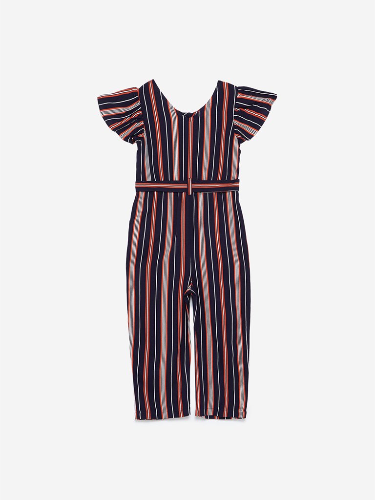 HOP Kids Navy Ray Striped Cold-Shoulder Jumpsuit